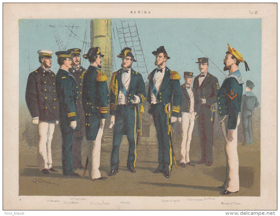 Uniformes Italiens Sous Humbert 1er - Marine - Lithographie Originale De Q. Cenni 1880 - Uniformes