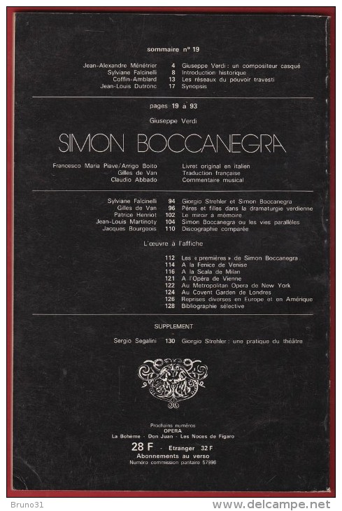Opéra - L' Avant Scène N° 19  , VERDI : Simon Boccanegra , 1979 . Voir Sommaire . - Musique