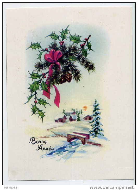 Nouvel An--Bonne Année ---Paysage De Neige -village Et Pont-branche D'arbre Et Ruban- Carte Type Mignonnette  éd ???? - Nouvel An