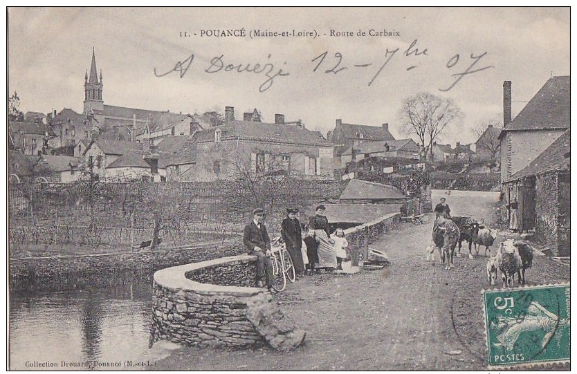 49 POUANCE  Coin Du VILLAGE Animé  ABREUVOIR  Femme En COIFFE Du PAYS Troupeau VACHES Et MOUTONS Timbrée 1907 - Autres & Non Classés