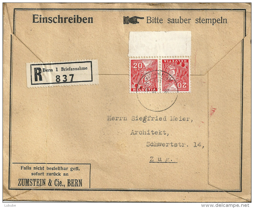 R Brief  Bern - Zug  (Kehrdruck)        1937 - Tête-bêche