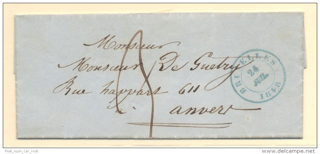 CARTA BRUSELAS A ANVERS CON PORTEO MANUSCRISTO Y FECHADOR BRUSELAS 24/7/1848 EN VERDE - 1830-1849 (Belgica Independiente)