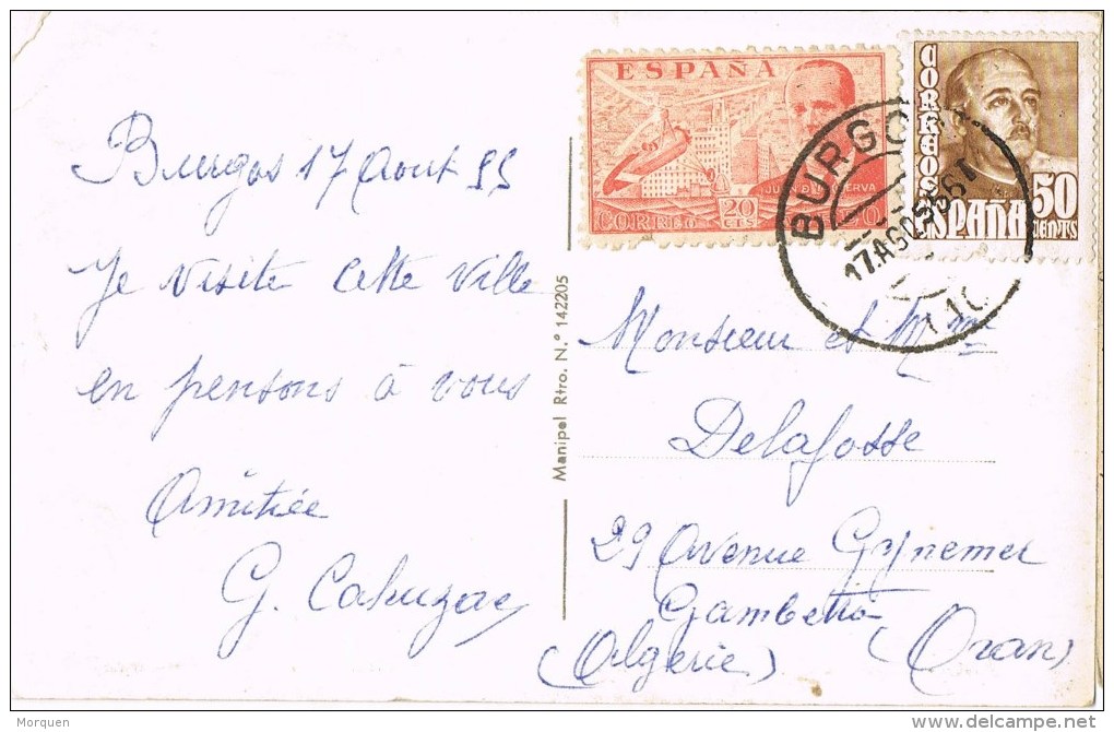 10684. Postal Aerea BURGOS 1955 A Oran (Algerie) - Cartas & Documentos