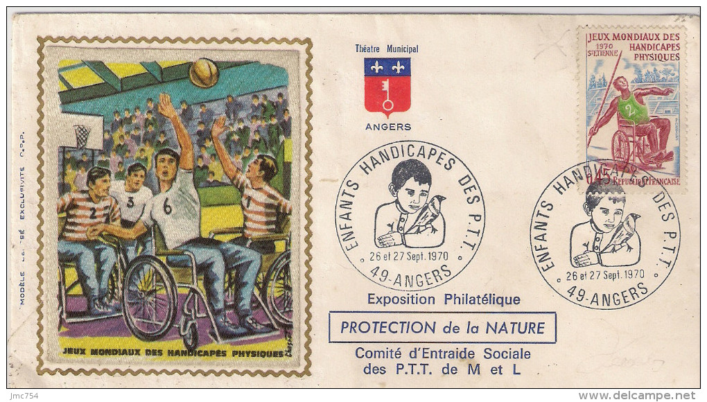 Enveloppe Philatélique  Jeux Mondiaux Des Handicapés Physiques.  St Etienne 1970 - PTT Angers - Handisport