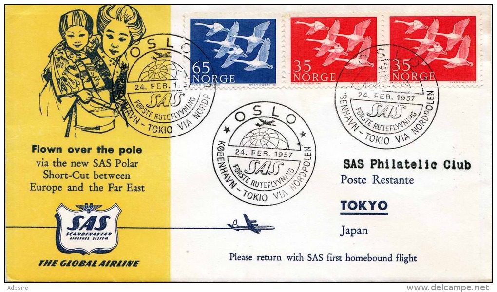 SAS Brief NORWEGEN 1957 - 3 Fach Frankiert, Gel.v. Norge Oslo &gt; Nordpol &gt; Tokyo Japan - Cartas & Documentos