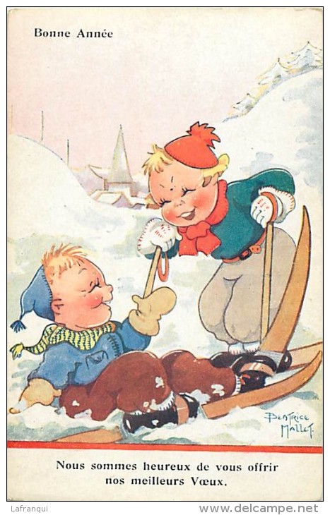 Themes Div - Ref K207- Illustrateur Enfants - Mallet Beatrice - Sports D Hiver - Ski -skieurs -  Carte Bon Etat   - - Mallet, B.