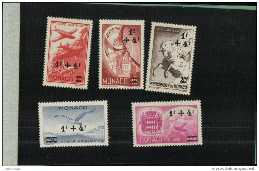 Timbre Monaco  1945  Postes Aérienne Types Surchargés    N°8 à N°12 **  Frais - Poste Aérienne