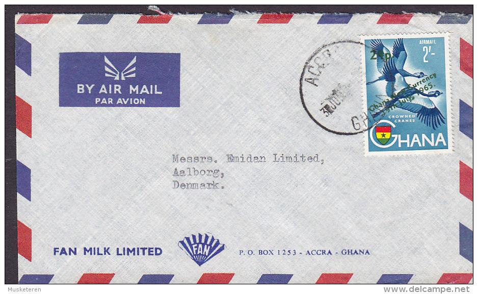 Ghana Airmail Par Avion FAN MILK Ltd. ACCRA 1965? Cover Brief To Denmark New Currency Overprint Bird Vogel Oiseau Stamp - Ghana (1957-...)