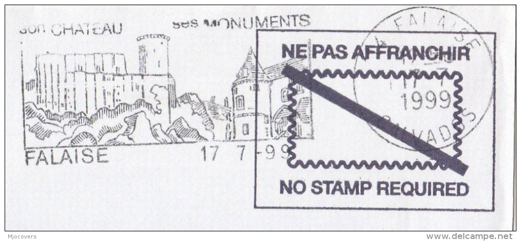 1999 COVER FRANCE SLOGAN Pmk Illus FALAISE CASTLE Pre Paid Stamps Castles - Châteaux
