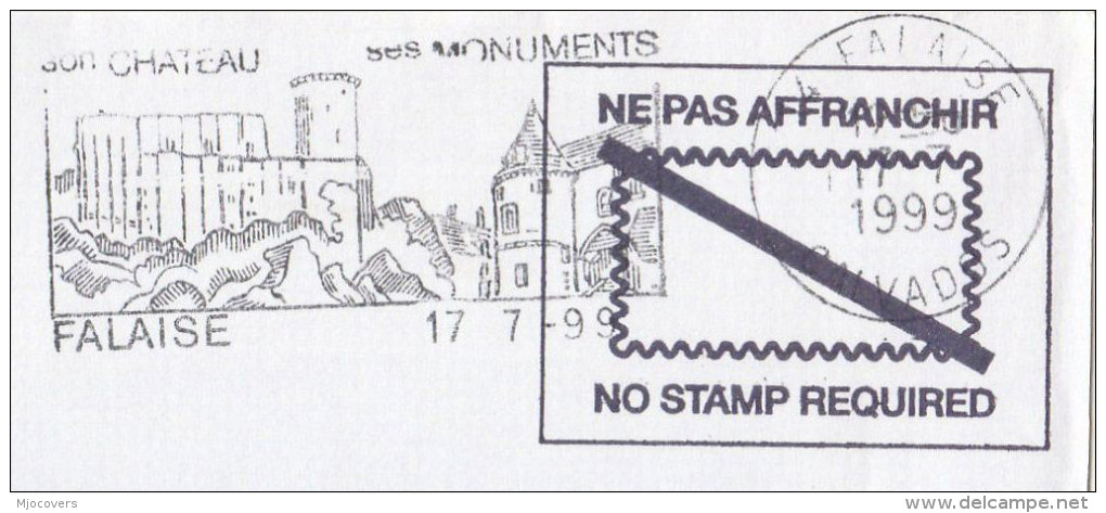 1999 COVER FRANCE SLOGAN Pmk Illus FALAISE CASTLE Pre Paid Stamps Castles - Castillos