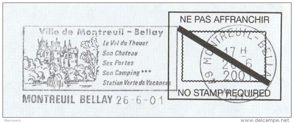 2001 COVER FRANCE SLOGAN Pmk Illus MONTREUIL BELLAY  CASTLE Pre Paid Stamps Castles - Châteaux