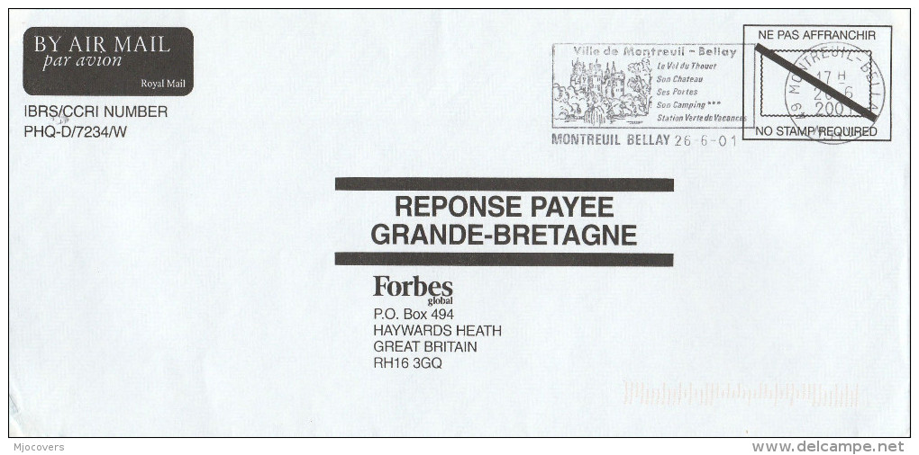 2001 COVER FRANCE SLOGAN Pmk Illus MONTREUIL BELLAY  CASTLE Pre Paid Stamps Castles - Châteaux