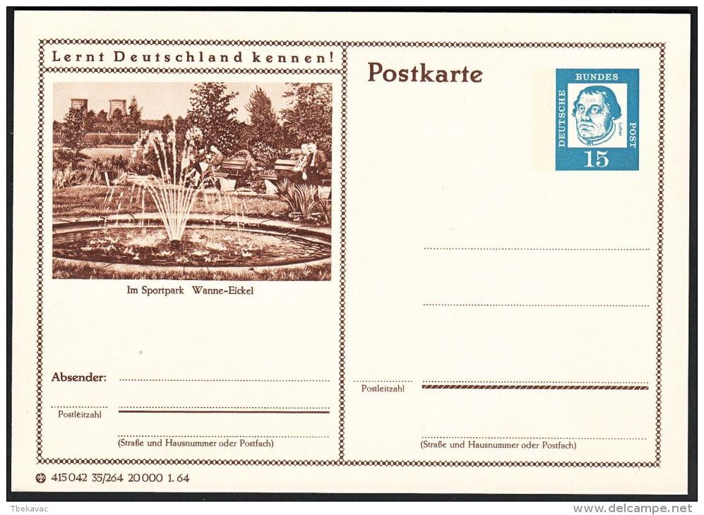 Germany 1964, Illustrated Postal Stationery "Sportpark In Wanne Eickl" Ref.bbzg - Geïllustreerde Postkaarten - Ongebruikt