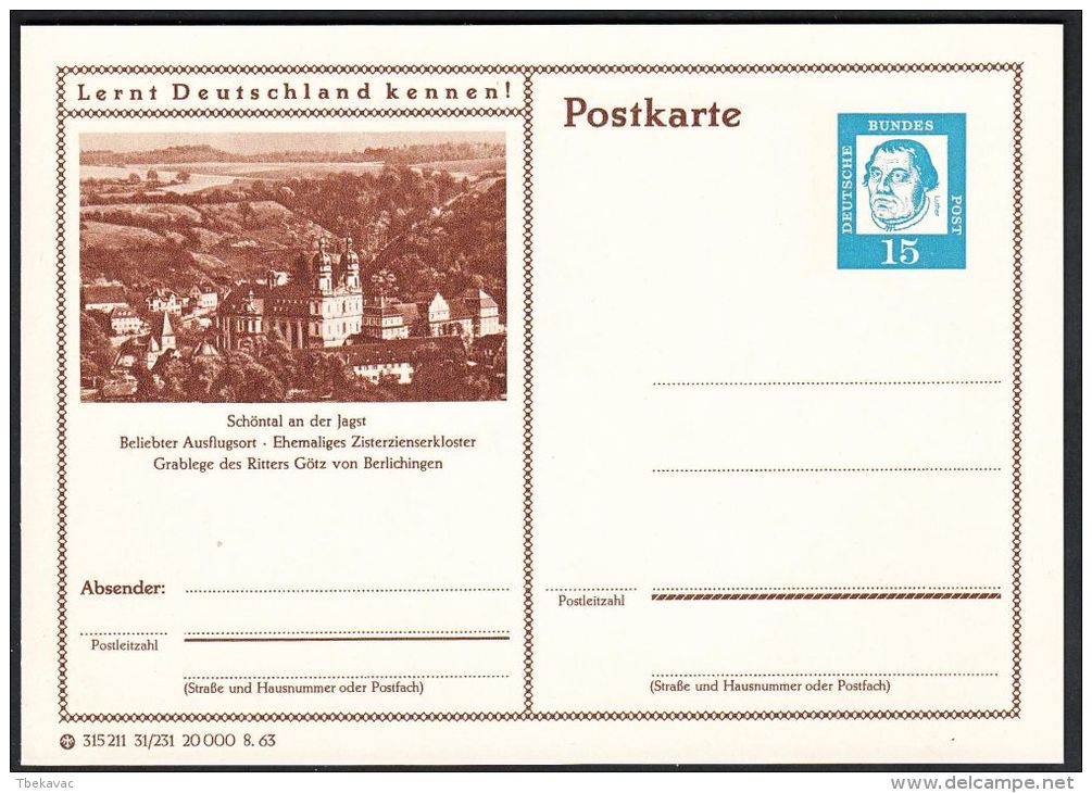 Germany 1963, Illustrated Postal Stationery "Schöntal An Der Jagst" Ref.bbzg - Geïllustreerde Postkaarten - Ongebruikt