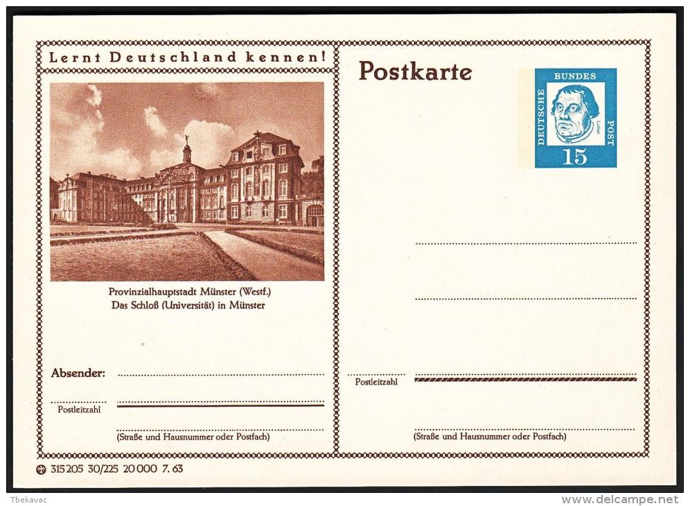 Germany 1963, Illustrated Postal Stationery "Castle In Munster" Ref.bbzg - Illustrated Postcards - Mint