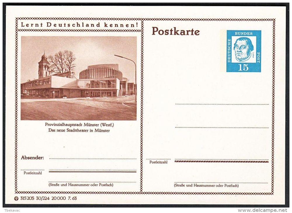 Germany 1963, Illustrated Postal Stationery "Theatre In Munster" Ref.bbzg - Geïllustreerde Postkaarten - Ongebruikt