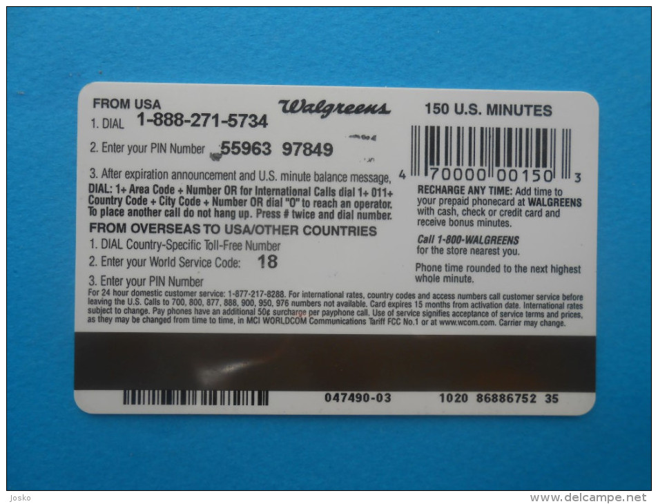 MCI Inc. WORLDCOM - Walgreens - $20 - 150 U.S. Minutes ( Usa Prepaid Card ) GSM Remote Prepayee Carte - Other & Unclassified