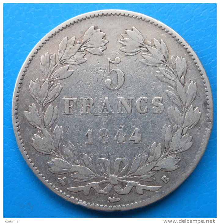 Louis-Philippe , écu De 5 Francs Argent 1844 B ROUEN , MILLESIME RARE - 5 Francs