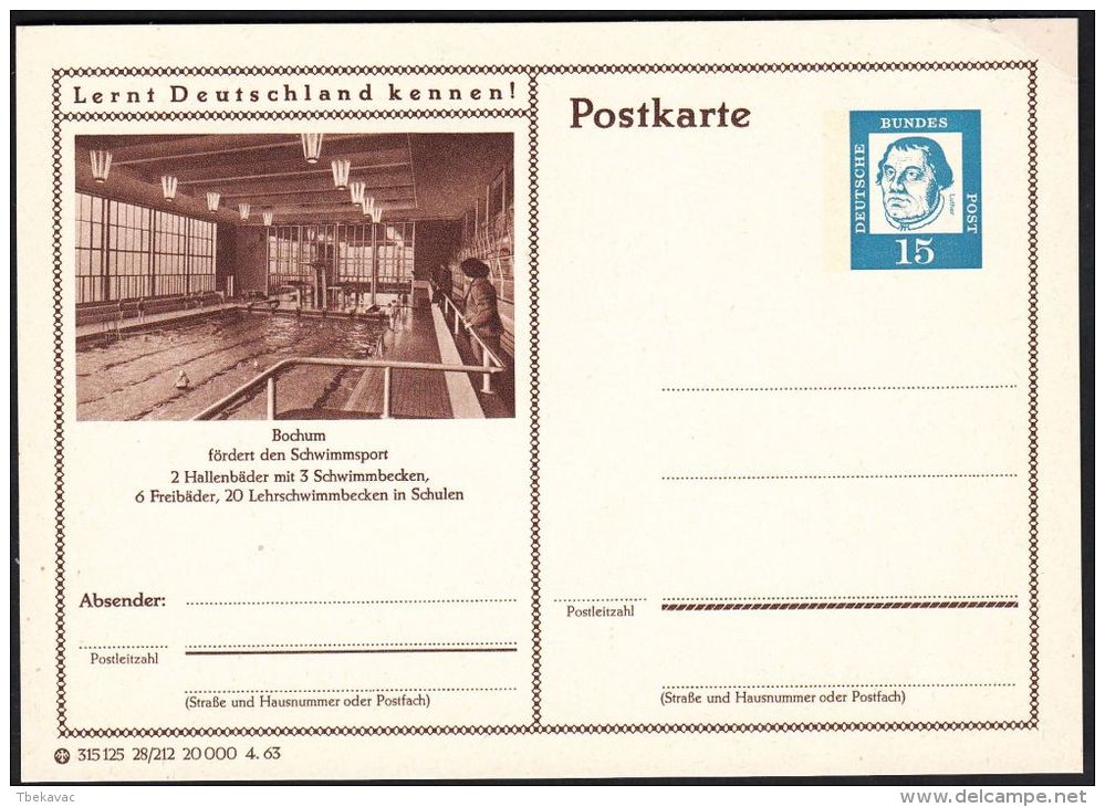 Germany 1963, Illustrated Postal Stationery "Swimming Pool In Bochum" Ref.bbzg - Geïllustreerde Postkaarten - Ongebruikt