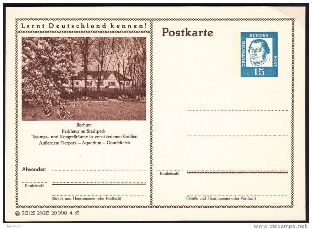 Germany 1963, Illustrated Postal Stationery "Park In Bochum" Ref.bbzg - Illustrated Postcards - Mint