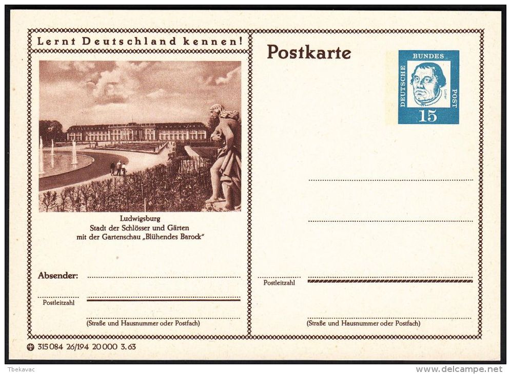 Germany 1963, Illustrated Postal Stationery "Ludwigsburg" Ref.bbzg - Geïllustreerde Postkaarten - Ongebruikt