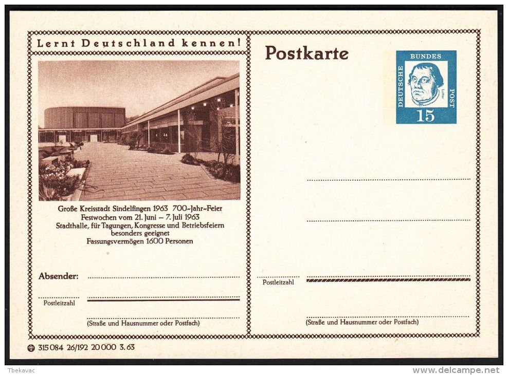 Germany 1963, Illustrated Postal Stationery "Sindelfigen" Ref.bbzg - Geïllustreerde Postkaarten - Ongebruikt
