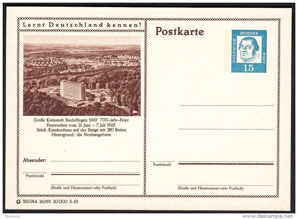 Germany 1963, Illustrated Postal Stationery "Sindelfigen" Ref.bbzg - Illustrated Postcards - Mint