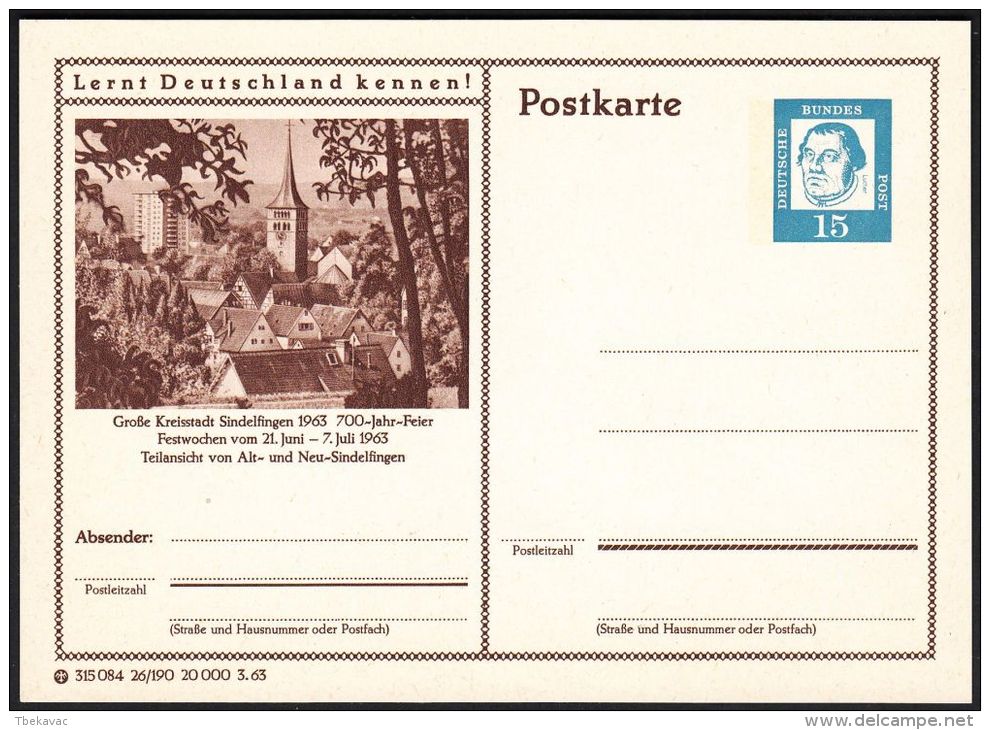 Germany 1963, Illustrated Postal Stationery "Sindelfigen" Ref.bbzg - Illustrated Postcards - Mint