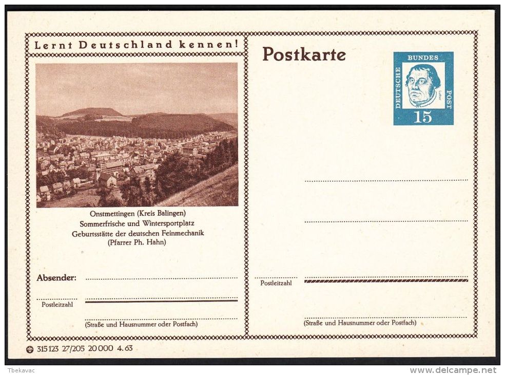 Germany 1963, Illustrated Postal Stationery "Onstmettingen" Ref.bbzg - Geïllustreerde Postkaarten - Ongebruikt