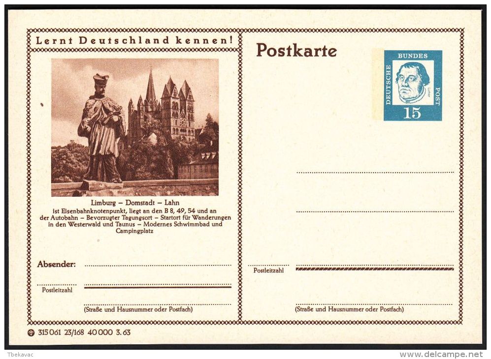 Germany 1963, Illustrated Postal Stationery "Limburg" Ref.bbzg - Geïllustreerde Postkaarten - Ongebruikt