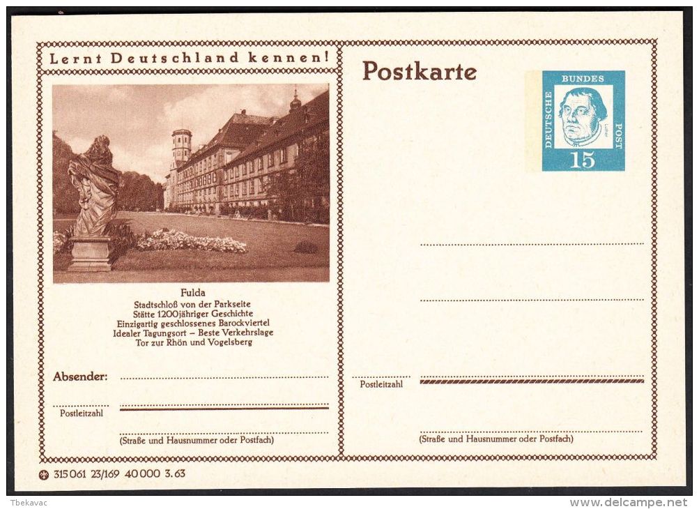 Germany 1963, Illustrated Postal Stationery "Fulda" Ref.bbzg - Illustrated Postcards - Mint