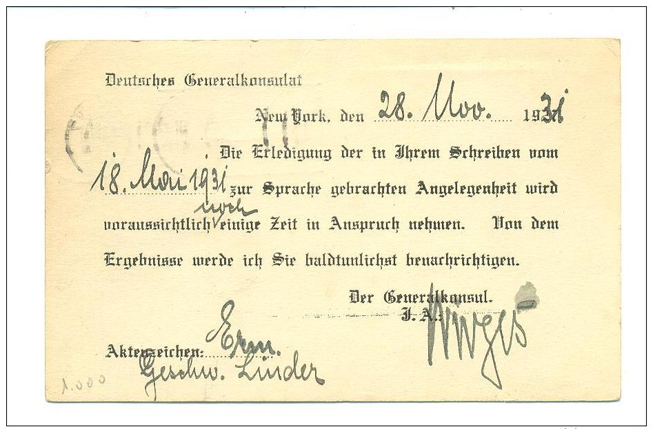 GERMANY 1931 POSTKARTE FROM GERMAN CONSULATE IN NEW YORK  TO REMSCHEID VIA BERLIN - Briefe U. Dokumente