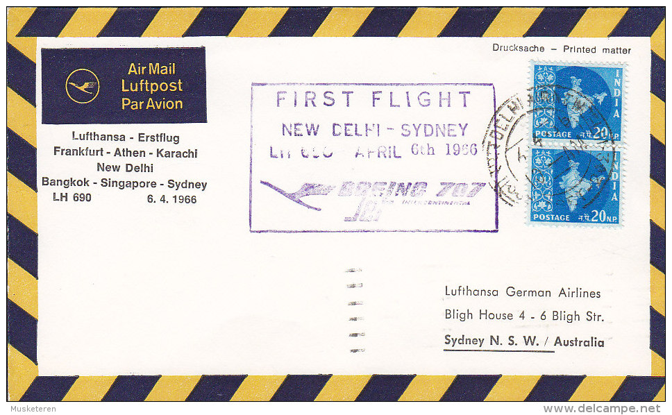 India LUFTHANSA Airmail Luftpost Par Avion Erstflug NEW DELHI - SYDNEY 1966 Cover Brief Boing 707 (2 Scans) - Poste Aérienne