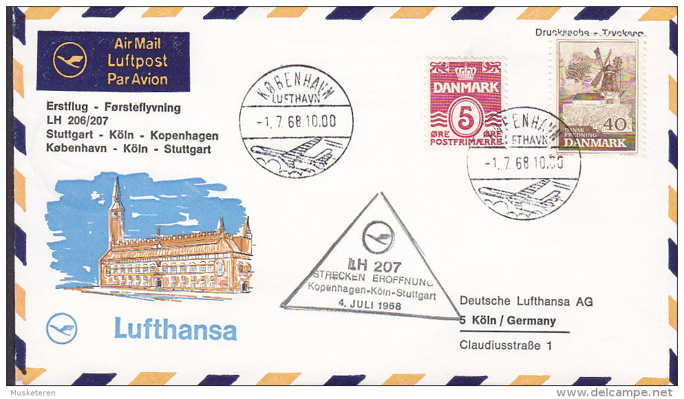 Denmark LUFTHANSA Airmail Luftpost Par Avion Erstflug KØBENHAVN - KÖLN 1968 Cover Brief Mill Mühle Moulin (2 Scans) - Poste Aérienne