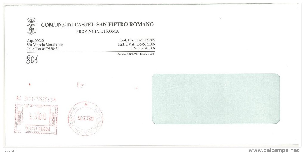 CASTEL SAN PIETRO ROMANO CAP 00030  - ROMA  - ANNO 2006  RM - AMR - LAZIO -TEMATICA COMUNI D'ITALIA - STORIA POSTALE - Macchine Per Obliterare (EMA)