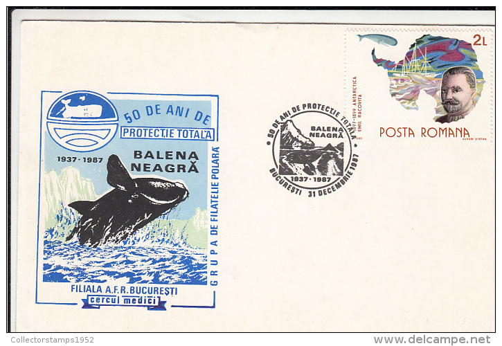 418FM- BLACK WHALE, SPECIAL COVER, 1987, ROMANIA - Ballenas