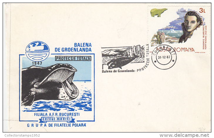 419FM- GREENLAND WHALE, SPECIAL COVER, 1987, ROMANIA - Baleines