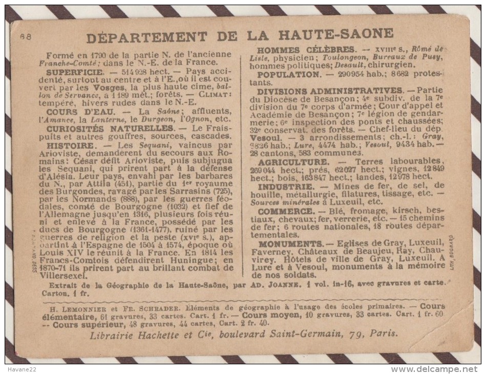 4AG1588 CHROMO HACHETTE Géographique + Vues Département HAUTE SAONE LUXEUIL VESOUL FAVERNEY - Géographie