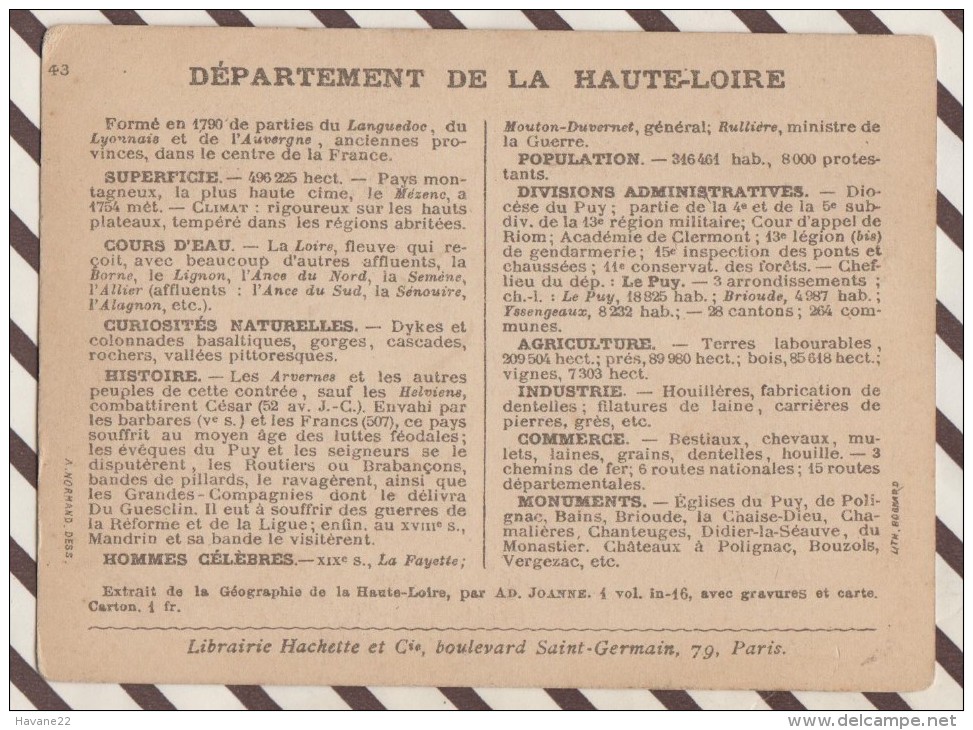 4AG1590 CHROMO HACHETTE Géographique + Vues Département HAUTE LOIRE LE PUY ESPALY POLIGNAC - Géographie