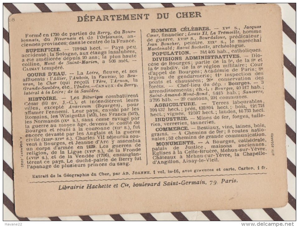 4AG1592 CHROMO HACHETTE Géographique + Vues Département CHER SANCERRE  VIERZON BOURGES - Géographie