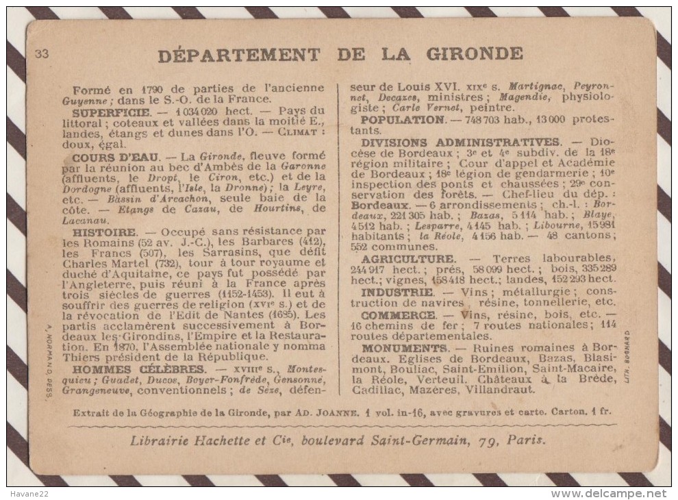 4AG1599 CHROMO HACHETTE Géographique + Vues Département GIRONDE BAZAS CADILLAC BORDEAUX - Géographie