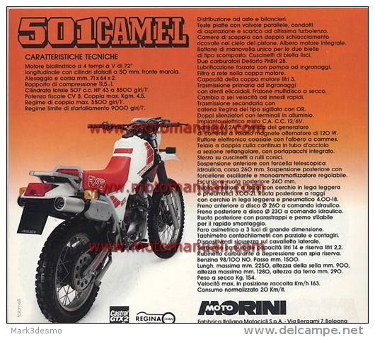 Moto Morini 501 Camel Enduro Depliant Originale Genuine Factory Brochure Prospekt - Motor Bikes
