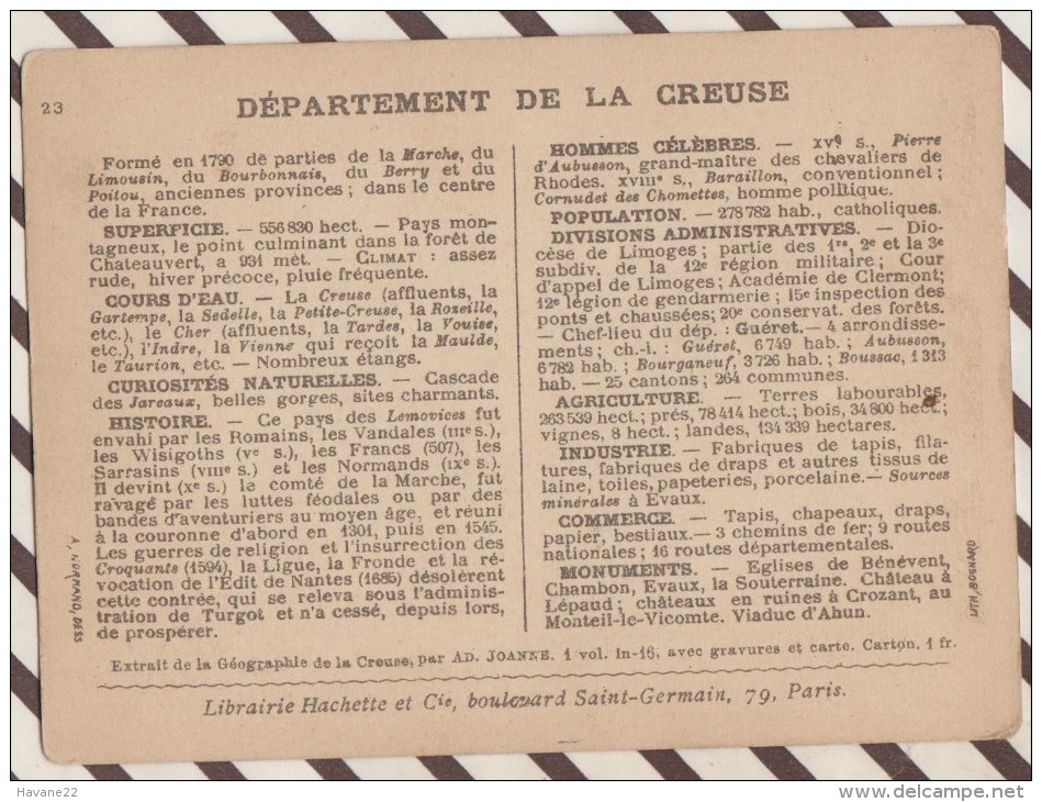 4AG1603 CHROMO HACHETTE Géographique + Vues Département CREUSE GUERET FELLETIN AUBUSSON BOUSSAC - Géographie