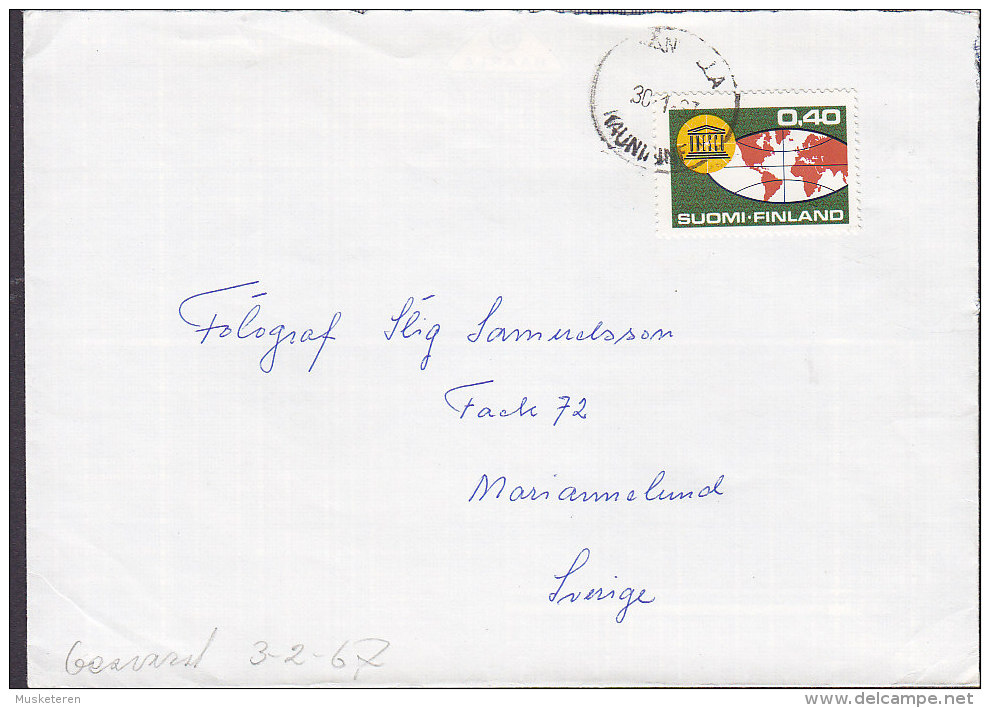Finland GRANKULLA 1967 Cover Brief To MARIANNELUND Sweden UNESCO Map Landkarte Stamp - Lettres & Documents