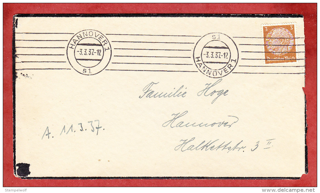 Trauerbrief, EF Hindenburg, Strich-Bandstempel Hannover 1937 (60936) - Briefe U. Dokumente