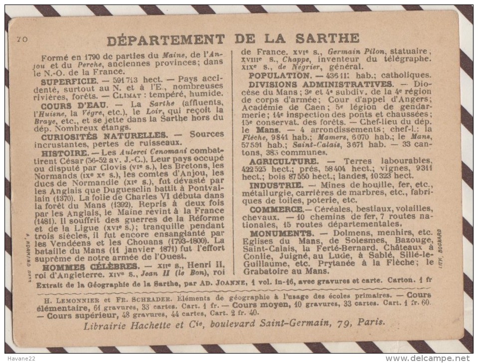 4AG1611 CHROMO HACHETTE Géographique + Vues Département SARTHE LE MANS LA FERTE BERNARD - Géographie