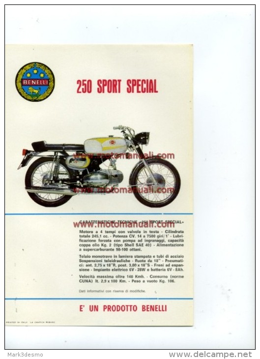 Benelli 250 SPORT SPECIAL 1970 Depliant Originale Genuine Factory Brochure Prospekt - Motorräder