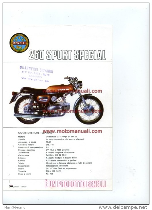 Benelli 250 SPORT SPECIAL 1972 Depliant Originale Genuine Factory Brochure Prospekt - Motorräder