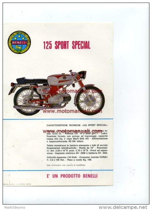 Benelli 125 SPORT SPECIAL 1970 Depliant Originale Genuine Factory Brochure Prospekt - Motorräder