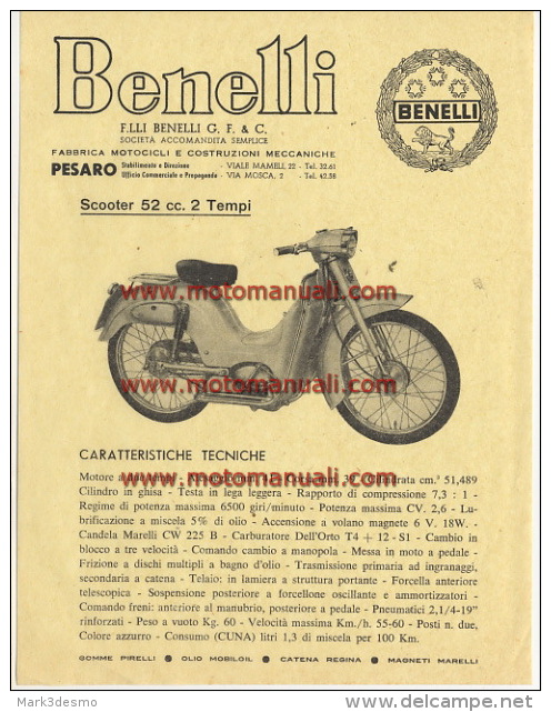 Benelli 52 SCOOTER 1960 Depliant Originale Genuine Factory Brochure Prospekt - Moto